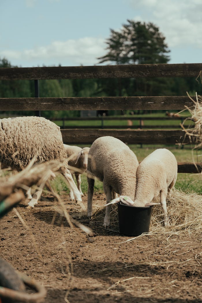 Sheep feeding on hay in a peaceful rural farm paddock, showcasing farm life.